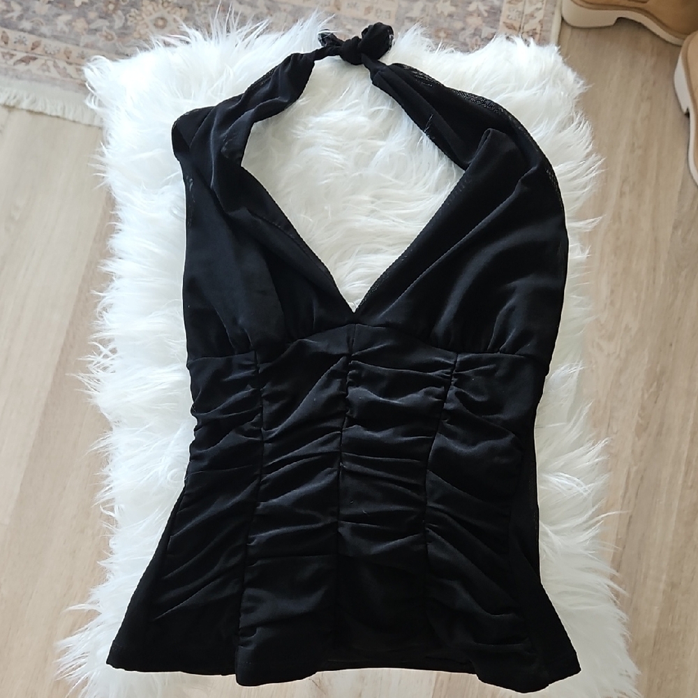 Aqua Black Halter Ruched V-Neck Top (Neiman Marcus)